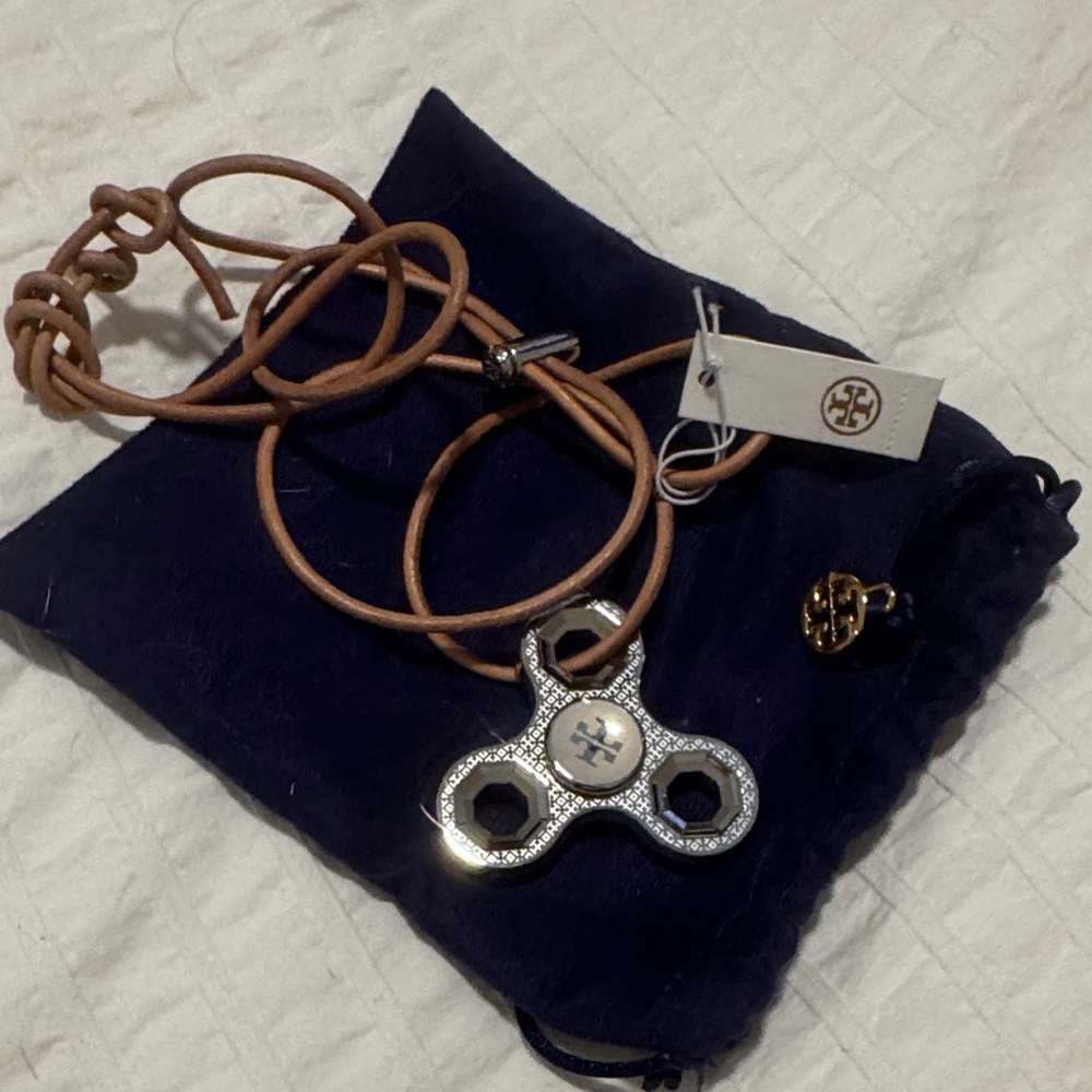 Designer-Inspired Tan Leather Pendant Necklace with Silver-Tone Logo Accent